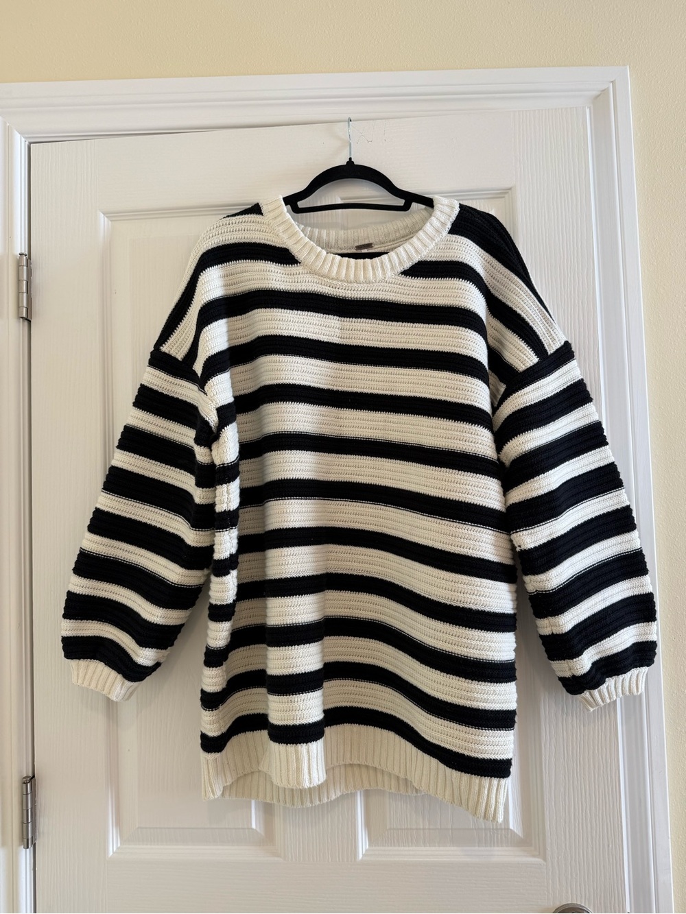 Free People Black & White Striped Knit Crewneck Sweater